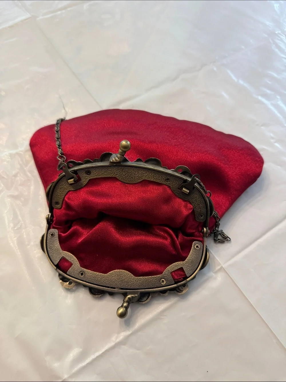 Red Satin Ruffle Evening Clutch with Ornate Frame
